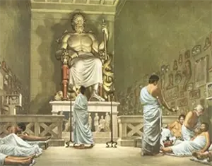 古代のエジプトの眠りの寺院での催眠の様子